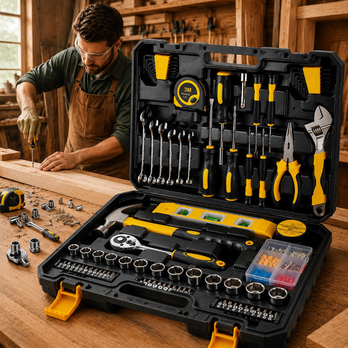 108 Piece Tool Set General Household Hand Tool Kit with Plastic Toolbox Storage Case Socket and Socket Wrench Sets(108-socket Set)