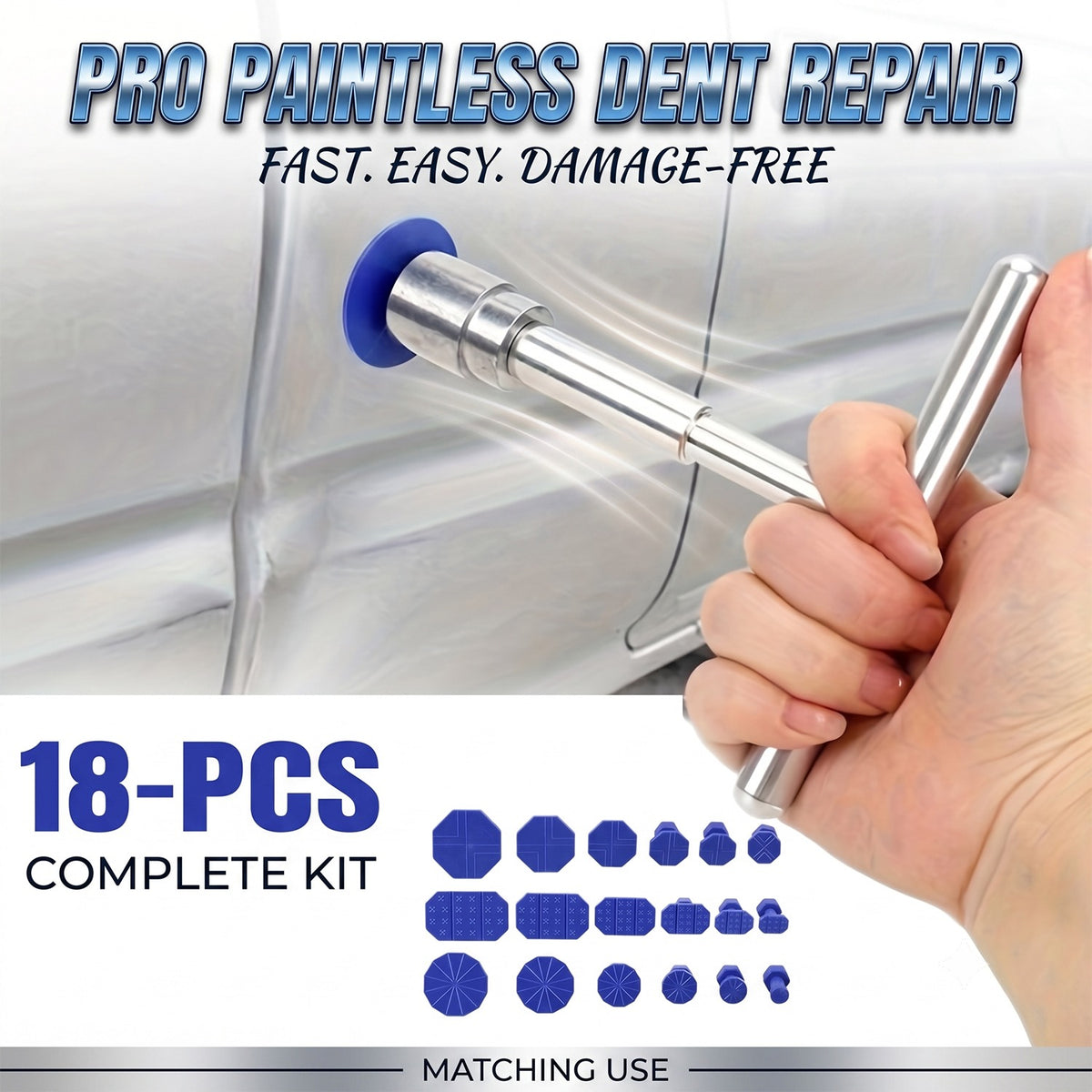 Car Dent Puller Paintless Dent Repair Kit, 18Pcs T-Bar Hand Tool Set with Blue Glue Tabs, Silver Stainless Steel & Blue Plastic, for Auto Body Fender Hail Damage Repair DIY Car Owners