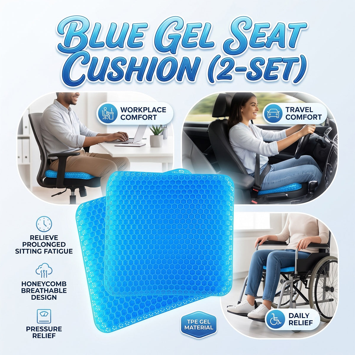 Gel Seat Cushion for Office Chair, 2Pcs Honeycomb Cushion Pad Breathable Pressure Relief, Blue TPE Gel, for Desk Chair Car Seat Wheelchair Long Sitting