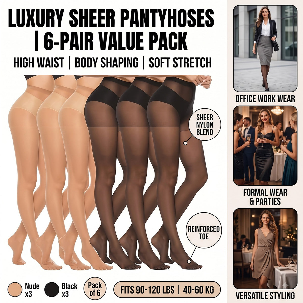 Sheer Tights for Women, 6 Pairs High Waist Control Top Pantyhose Soft Elastic Stretch (Fits 90-120lbs / 40-60kg), Black & Nude Nylon Blend, for Office Work Wear Dress Party Ladies