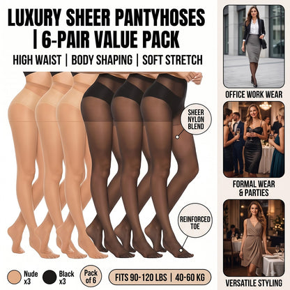 Sheer Tights for Women, 6 Pairs High Waist Control Top Pantyhose Soft Elastic Stretch (Fits 90-120lbs / 40-60kg), Black & Nude Nylon Blend, for Office Work Wear Dress Party Ladies