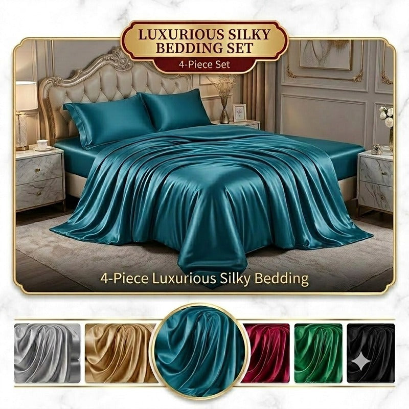 Bedding Set 4PCS Luxury Silky Bed Sheet Set, Soft Satin Bedding with Pillowcases, 6 Colors Available, Smooth Bedroom Linen Set for Queen King Size Bed, Home Bedroom Decor