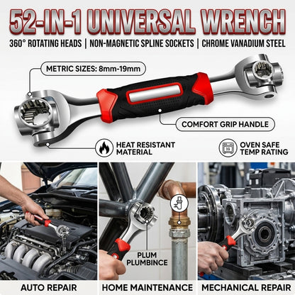 Universal Socket Wrench, 52-in-1 Multi Function 360 Degree Rotating Head (8mm-19mm Metric) Non-Magnetic Spline Socket, Red & Black Cr-V Steel, for Auto Car Repair Home Maintenance Mechanics