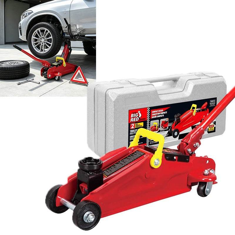 Hydraulic Trolley Service Lift Jack/Portable Floor Jack with Special Slow Release and Blow Mold Carrying Storage Case : 2 Ton (4, 000 lb) Capacity, Red.