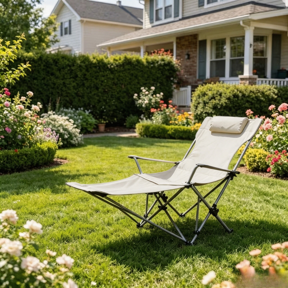 Reclining Camping Chair with Foot Rest & Headrest – 4-Position Adjustable Recline Folding Lounge Beach Chair Lightweight Portable Recliner for Adults, Ideal for Outdoor Travel, Patio, Picnic Beige