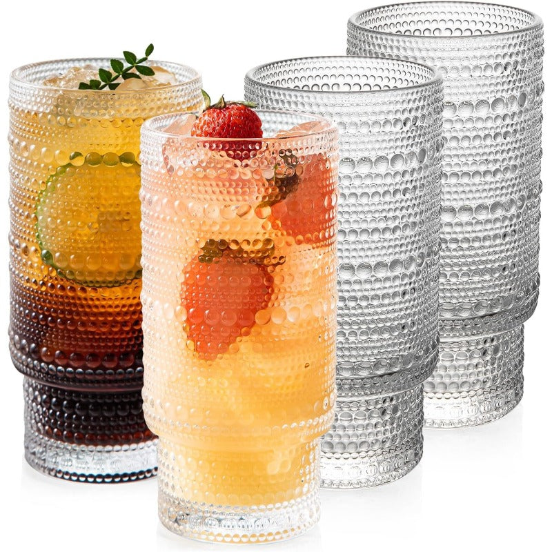Drinking Glasses Set of 4, Textured Flower Design Cocktail Glasses, Stackable Old Fashioned Glass Cups, Vintage Glassware for a baby Shower Wedding for Kitchen and Bar - Dishwasher Clear