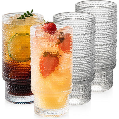 Drinking Glasses Set of 4, Textured Flower Design Cocktail Glasses, Stackable Old Fashioned Glass Cups, Vintage Glassware for a baby Shower Wedding for Kitchen and Bar - Dishwasher Clear