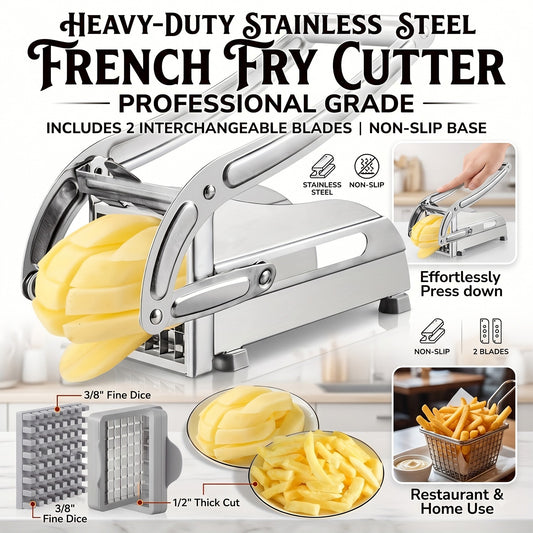 French Fry Cutter Potato Chipper, with 2 Interchangeable Blades & Non-Slip Feet Heavy Duty Lever, Silver Stainless Steel, for Home Kitchen Restaurant French Fries Chips