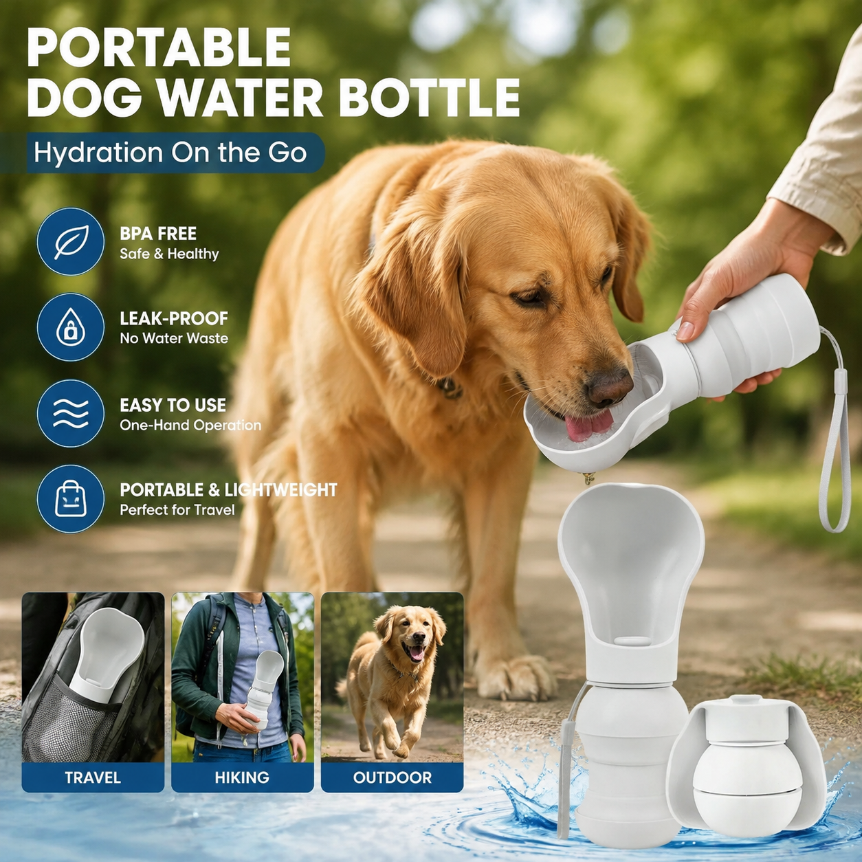 Dog Water Bottle, Portable Water Bowl for Dog, Collapsible Food Grade Silicone, Travel Pet Water Bottle for Outdoor Walking, Hiking, Camping, Gray
