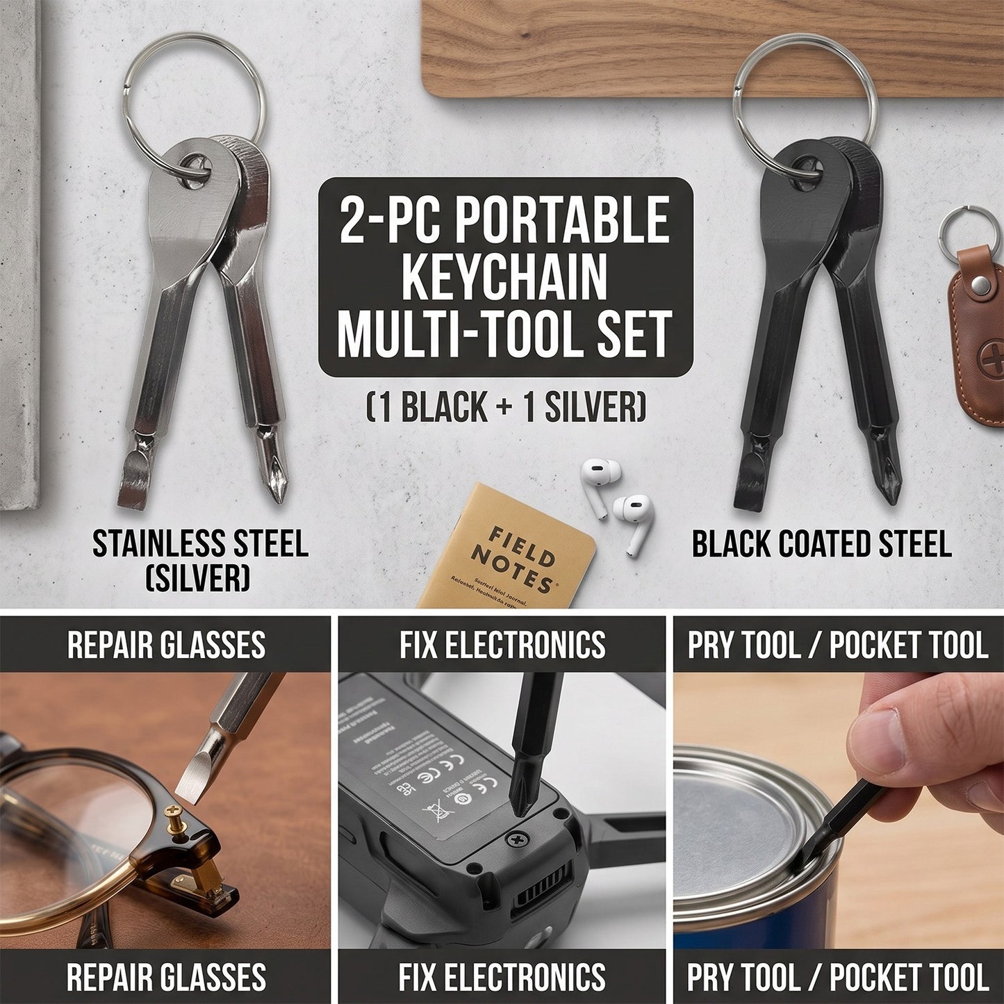 Keychain Screwdriver Set, 3Pcs Mini Portable Key Shaped Screwdriver Tool with Key Ring (1 Slotted + 1 Phillips), Black/Silver Stainless Steel, for Car Repair Outdoor EDC Home Emergency