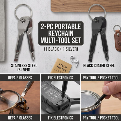 Keychain Screwdriver Set, 3Pcs Mini Portable Key Shaped Screwdriver Tool with Key Ring (1 Slotted + 1 Phillips), Black/Silver Stainless Steel, for Car Repair Outdoor EDC Home Emergency