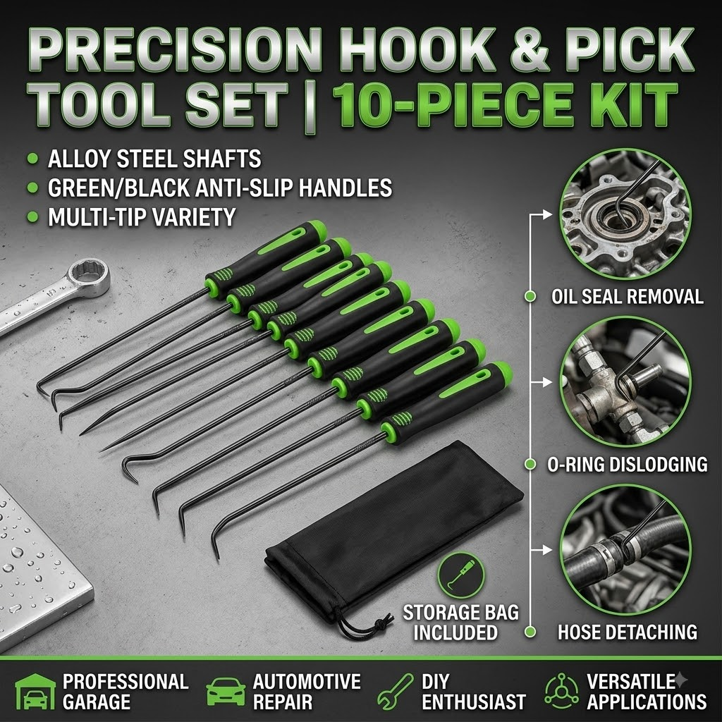 Pick and Hook Set, 10Pcs Precision Oil Seal Puller Removal Tool Kit with Drawstring Storage Bag, Green & Black Non-Slip Handle Alloy Steel, for Automotive Car Repair O-Ring Hose Mechanics DIYers