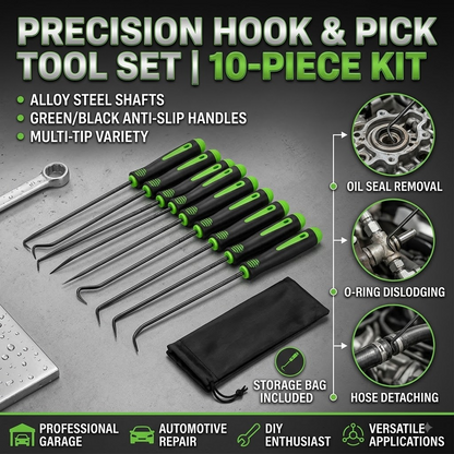 Pick and Hook Set, 10Pcs Precision Oil Seal Puller Removal Tool Kit with Drawstring Storage Bag, Green & Black Non-Slip Handle Alloy Steel, for Automotive Car Repair O-Ring Hose Mechanics DIYers