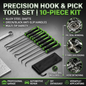 Pick and Hook Set, 10Pcs Precision Oil Seal Puller Removal Tool Kit with Drawstring Storage Bag, Green & Black Non-Slip Handle Alloy Steel, for Automotive Car Repair O-Ring Hose Mechanics DIYers