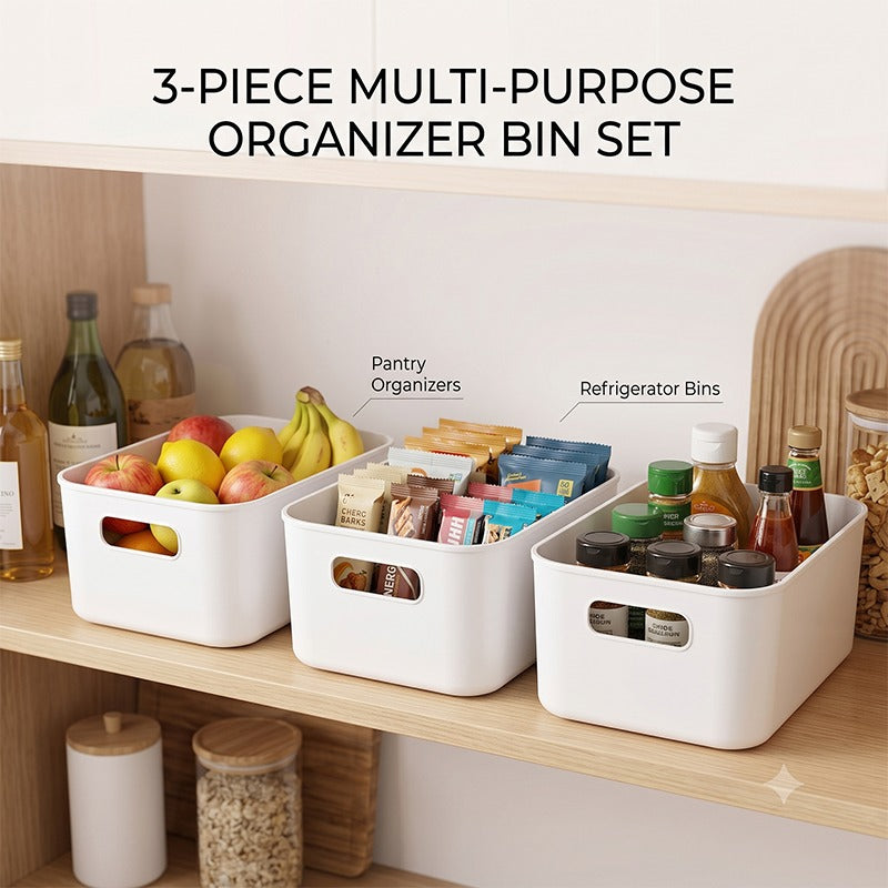Storage Bins Set 3/6/9PCS, Multi-Purpose Plastic Organizer Bins with Handles, Stackable Kitchen Pantry Storage Baskets for Refrigerator, Cabinets, Bathroom and Home Organization