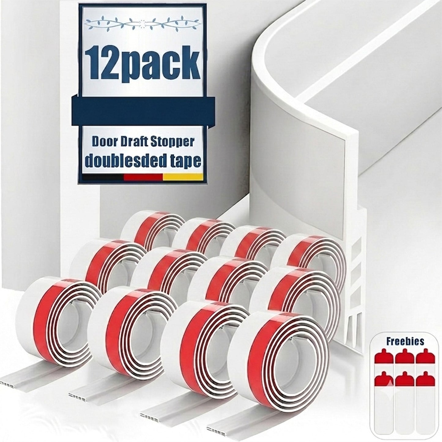 Door Draft Stopper Under Door Seal Strip, 4/8/12Pack Self Adhesive Weather Stripping Gap Sealer Tape, Soundproof White Silicone, for Home Bedroom Front Door