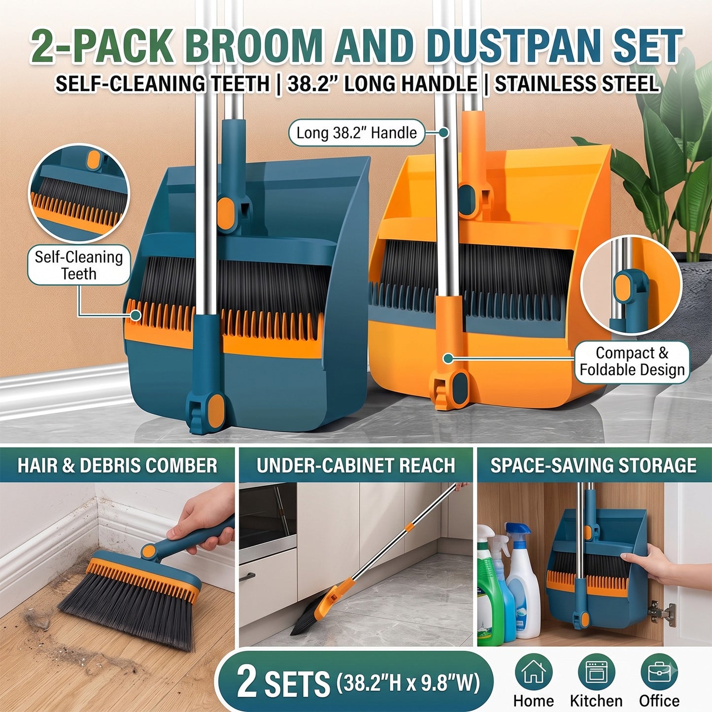 Broom and Dustpan Set, 2Pcs Long Handle (38.2"*9.8") Upright Standing Broom with Dustpan Teeth Self Cleaning, Blue & Yellow Stainless Steel, for Home Kitchen Office Floor Cleaning