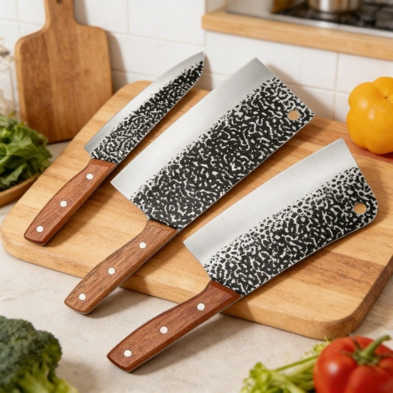 3PCS Butcher Knife and Kitchen Knife Set | Hand Forged Heavy Duty Meat Cleaver, Stainless Steel, Meat Knife, Geat for Home, Camping, BBQ