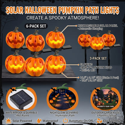 Solar Pumpkin Lights, 3 & 6 Pack 15.5"*3.15" Halloween Pathway Stake Lights Waterproof Solar Powered Jack-O'-Lantern, Orange & Black Plastic, for Outdoor Lawn Yard Garden Spooky Decor