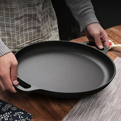 Multi functional thickened cast iron pot - uncoated non stick pot, double ear flat bottomed pot - suitable for grilling meat, frying eggs, barbecue, and pancakes - compatible with all stoves, ideal for home kitchen and outdoor cooking.