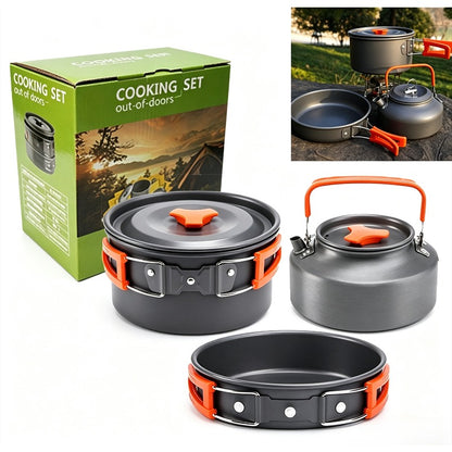 Portable Camping Cookware Set - Lightweight Aluminum Pot, Pan & 1.1L Kettle with Foldable Handles for Backpacking, Hiking & Outdoor Cooking - Non-Stick, Space-Saving for 2-3 People