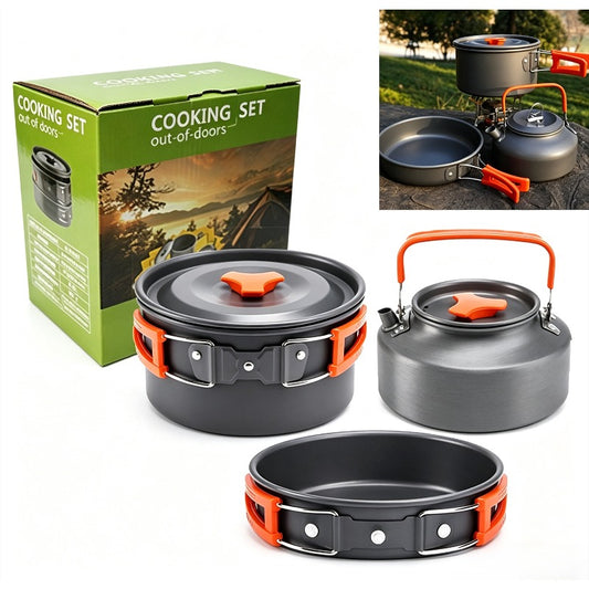 Portable Camping Cookware Set - Lightweight Aluminum Pot, Pan & 1.1L Kettle with Foldable Handles for Backpacking, Hiking & Outdoor Cooking - Non-Stick, Space-Saving for 2-3 People