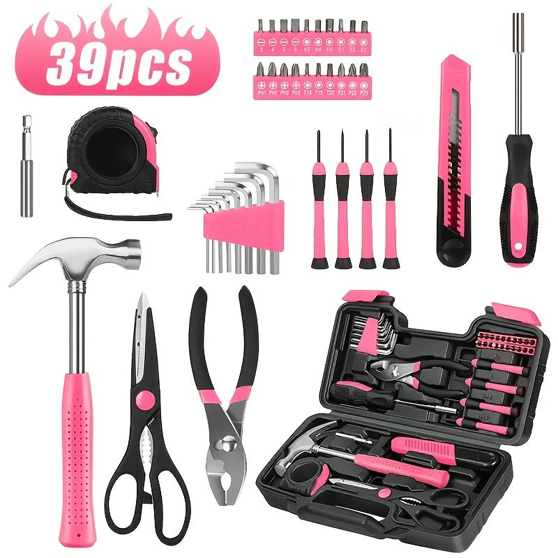 39-piece Pink Tool Set | Includes screwdriver, pantry knife, scissors, measuring tape, hammer, Allen wrench, and pliers | Suitable for home, garage, garden, office, and college dormitories | Ideal for women