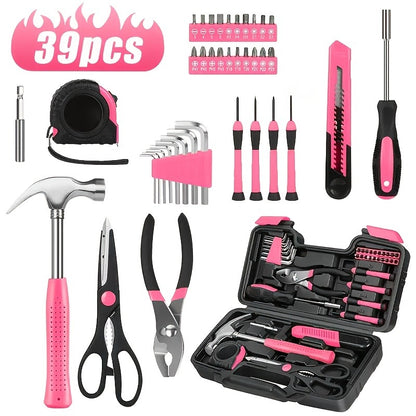 39-piece Pink Tool Set | Includes screwdriver, pantry knife, scissors, measuring tape, hammer, Allen wrench, and pliers | Suitable for home, garage, garden, office, and college dormitories | Ideal for women