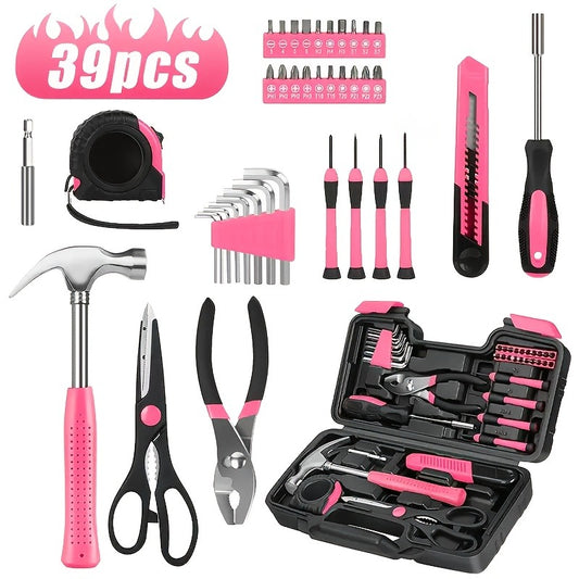 39-piece Pink Tool Set | Includes screwdriver, pantry knife, scissors, measuring tape, hammer, Allen wrench, and pliers | Suitable for home, garage, garden, office, and college dormitories | Ideal for women