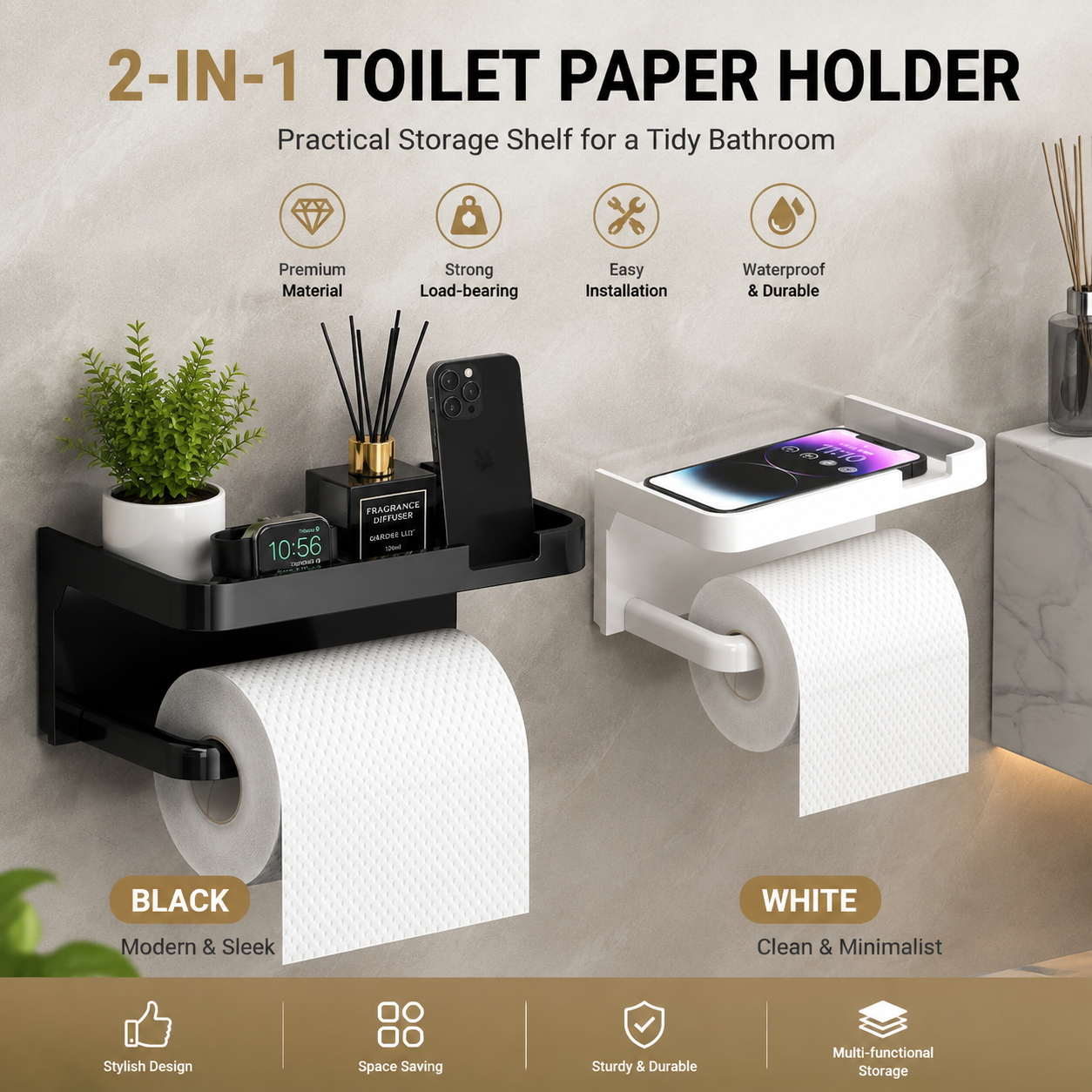 Toilet Paper Holder with Phone Shelf, Self-Adhesive or Screw-in Toilet Tissue Roll Holder Wall Mount, Rustproof & Multifunctional Bathroom Toilet Paper Holder Storage Dispenser