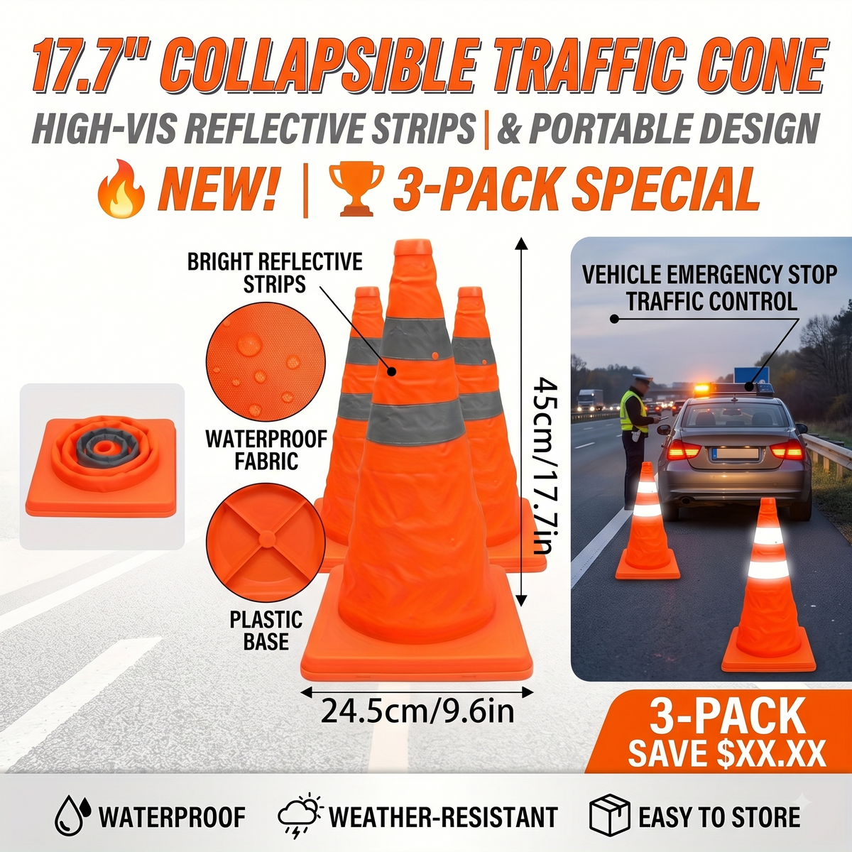 3PCS-Safety Cones Traffic Cones, 17.7"*9.6" Foldable Pop-Up Road Cone with High Visibility Reflective Strips Weatherproof, Orange Waterproof Fabric & Plastic Base, for Vehicle Emergency Parking Control