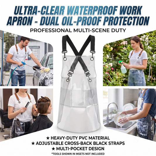Clear Waterproof Apron Work Apron, Adjustable Cross Back Straps Multi-Pocket Heavy Duty Waterproof Oilproof, Clear PVC Vinyl & Brown Straps, for Car Washing Gardening Hair Stylist Barber Dishwashing