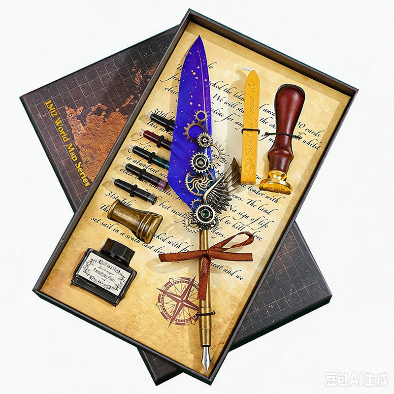 Fountain Pen Gift Set, Vintage Gear Feather Quill Pen 9.84" with Ink Bottle, 5 Ink Cartridges, Wax Seal, Metal Pen Holder and Gift Box, Retro Calligraphy Writing Set for Office, School and Gifts