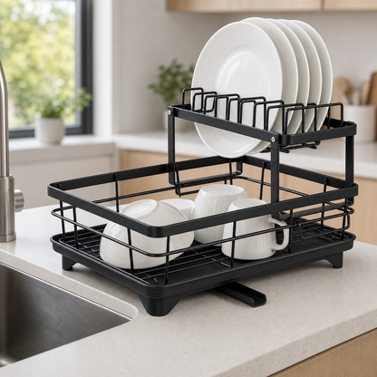 Black Carbon Steel Dish Drying Rack with Drainboard, Kitchen Dish Rack Carbon Steel Kitchen Drying Rack, Dish Racks for Kitchen Counter with Utensil Holder Cup Holders Cutting (Double Layer)