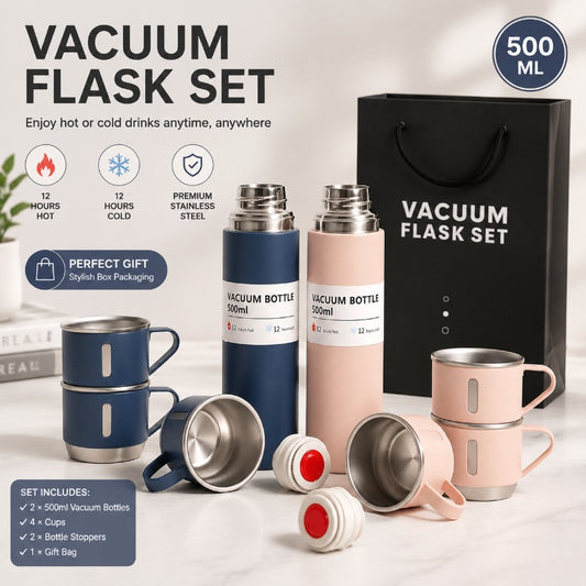 Flask Gift Set, Stainless Steel Insulated Water Bottle w/ 3 Cups, Hot & Cold Drinks Coffee Thermo Water Bottle, Reusable Thermal Cup for Outdoor Camping Travel, Termos para Agua Fria, 17oz