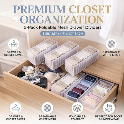 5-Pack Foldable Underwear Organizer, Drawer Divider with 11 Grids, Non-Woven Fabric Storage Box for Socks Bra Closet Organization