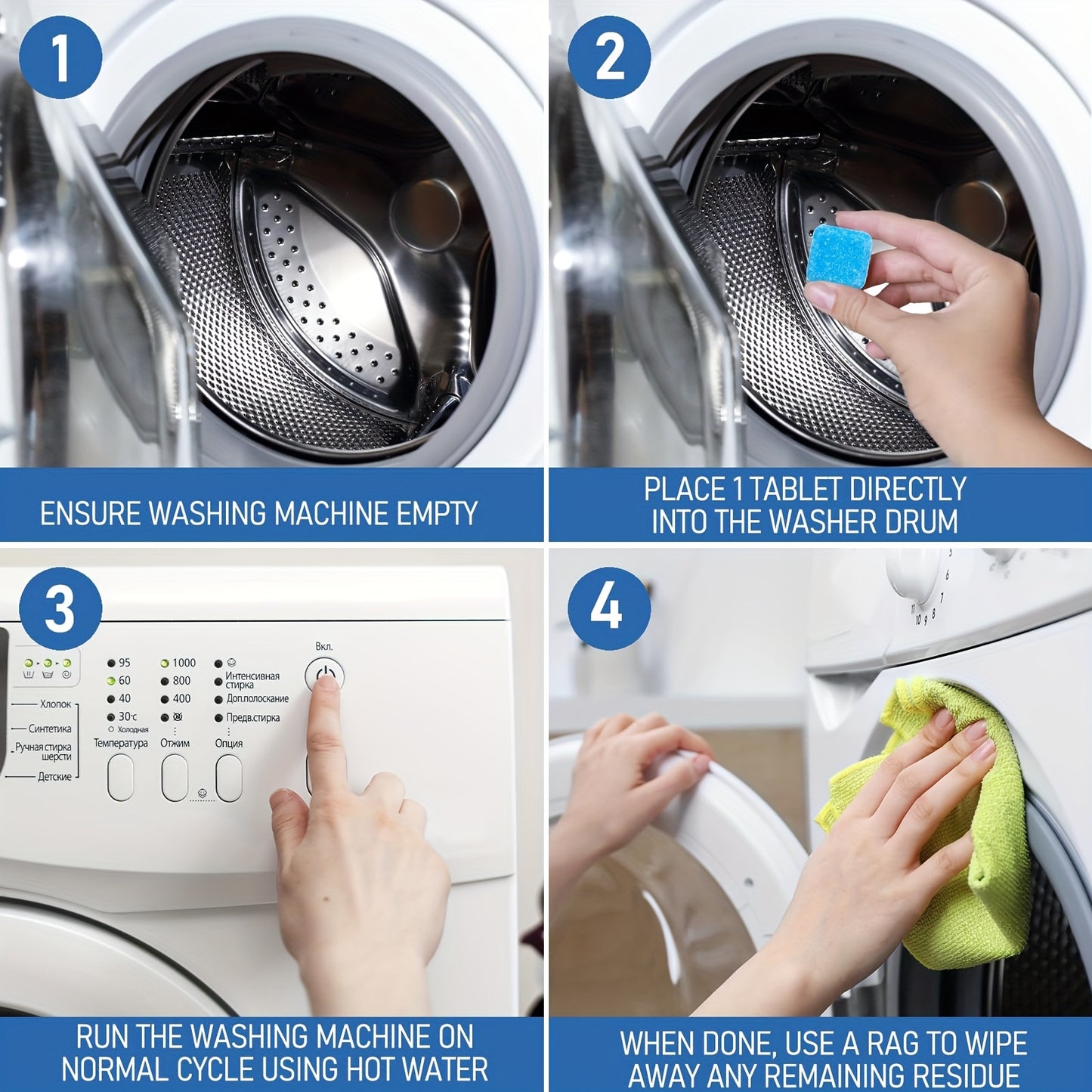 24-Pack Heavy-Duty Washer Cleaning Tablets - Deep Cleaning Solution for Front Load and Top Load Washers, Odor Eliminator and Scale Remover, Compatible with All Washing Machines, Efficient Washer Cleaner Tabs