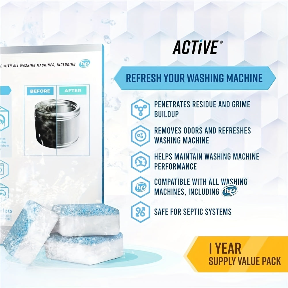 24-Pack Heavy-Duty Washer Cleaning Tablets - Deep Cleaning Solution for Front Load and Top Load Washers, Odor Eliminator and Scale Remover, Compatible with All Washing Machines, Efficient Washer Cleaner Tabs