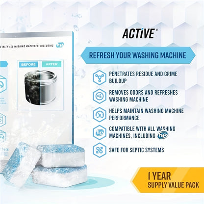 24-Pack Heavy-Duty Washer Cleaning Tablets - Deep Cleaning Solution for Front Load and Top Load Washers, Odor Eliminator and Scale Remover, Compatible with All Washing Machines, Efficient Washer Cleaner Tabs