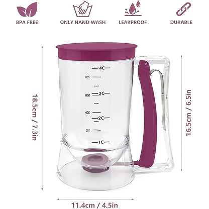 Pancake Batter Dispenser - Kitchen Must Have Tool for Perfect Pancakes, Cupcake, Waffle, Muffin Mix, Cake & Crepe - Baking Supplies for Griddle - Pancake Maker with Measuring Label (Purple)