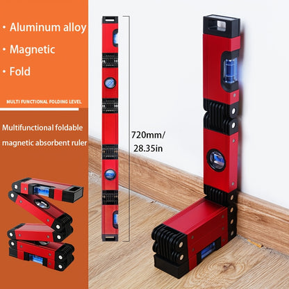 Folding Level, 5 Sections Foldable Measuring Tool for Various Corners Stairs, Accurate Multi-Angle Measurement Magnetic Aluminum Alloy Portable Level (28inch)