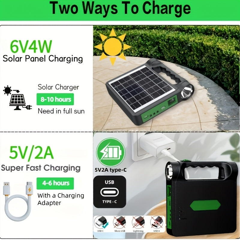 Portable Solar Power Bank Power Station, Mini Solar Lighting System With Replaceable Lithium Battery, USB Output For Charging Cellphone, Built-in Torch Light, Optional UFO LED Bulb For Household Outdoor Camping Power Failure Emergency Supply