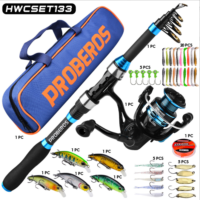 This 1.5-2.4m carbon fiber telescopic fishing set includes 12 minnows, soft bait, sinker, hook, and a camouflage backpack.