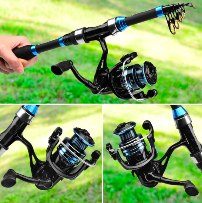 This 1.5-2.4m carbon fiber telescopic fishing set includes 12 minnows, soft bait, sinker, hook, and a camouflage backpack.