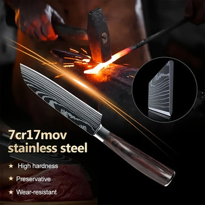 Six Piece Professional Damascus Steel Kitchen Knife Set - All Stainless Steel, With Laser Engraved Patterns, Including Debonding And Slicing Knives, Suitable For Home Use, Comes With A Knife Holder.