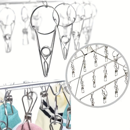 Stainless Steel Sock Drying Rack with 60 Clips, Swivel Hook Wind-Proof Clothes Hanger Rack for Sock, Bras, Underwear, Laundry Accessories