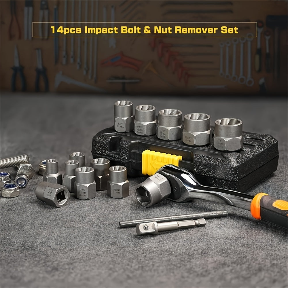 14-Piece Broken Bolt Extractor Set | Broken Nut Removal Tool Kit for 3/8 Inch Applications - Professional Quality and Durable Design