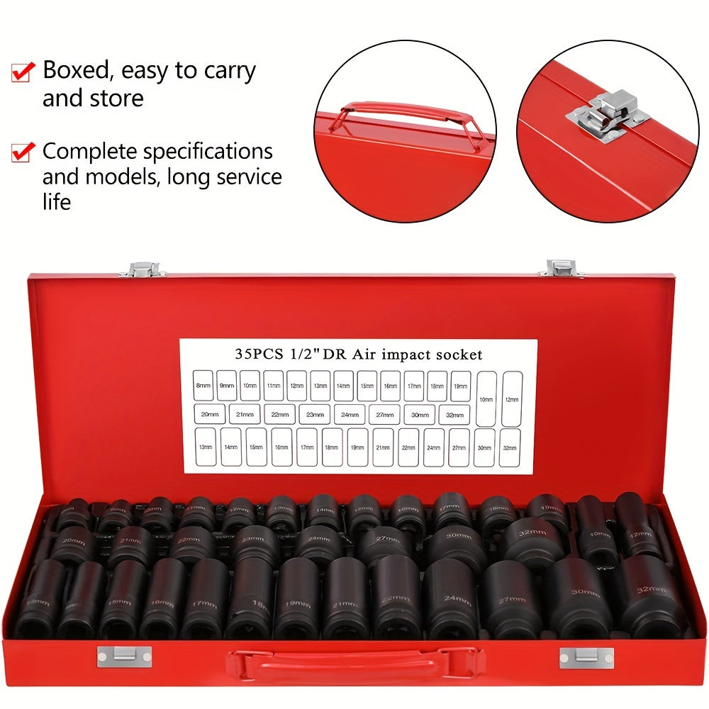 35-Piece 1/2 Inch Drive Deep Impact Socket Set (Metric) 8-32mm - Professional Garage Repair Workshop Tools