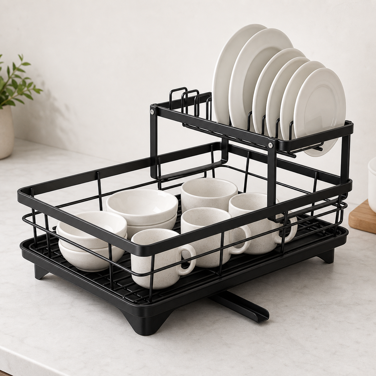 Black Carbon Steel Dish Drying Rack with Drainboard, Kitchen Dish Rack Carbon Steel Kitchen Drying Rack, Dish Racks for Kitchen Counter with Utensil Holder Cup Holders Cutting (Double Layer)