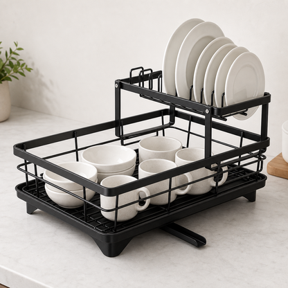 Black Carbon Steel Dish Drying Rack with Drainboard, Kitchen Dish Rack Carbon Steel Kitchen Drying Rack, Dish Racks for Kitchen Counter with Utensil Holder Cup Holders Cutting (Double Layer)